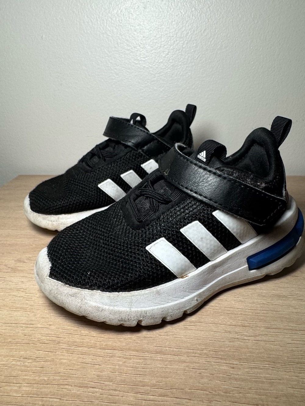 adidas Toddler  Black and White Hook-and-Loop Sneakers with Blue Accent